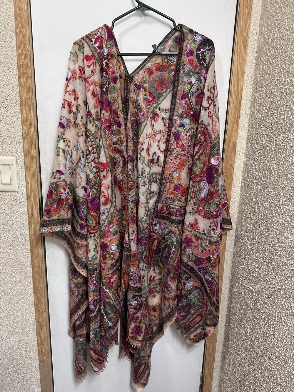 ANU Boho Embroidered Kimono Jacket Textured Floral Shawl Cardigan Large One Size